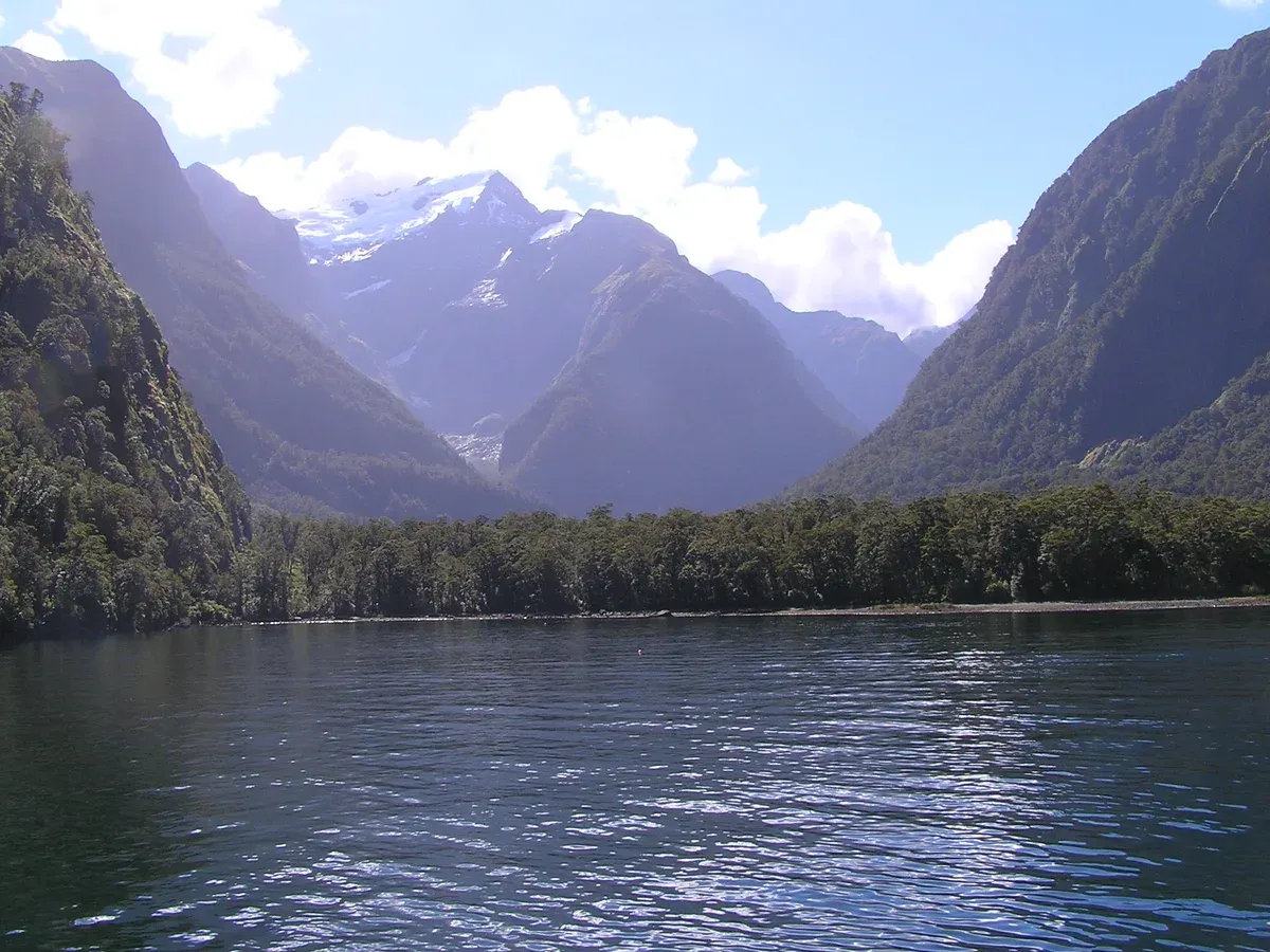 Calm water of Harrison Cove with snow-dusted peaks, an overnight anchorage on a Milford Sound cruise